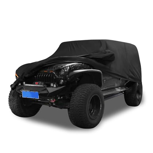 Image of Car Cover Waterproof All Weather with Driver Door Zipper for Jeep Wrangler JK JL 4 Door 2007-2021 / Full Exterior Cover /Durable 210D Oxford Cloth / 1Pcs Black