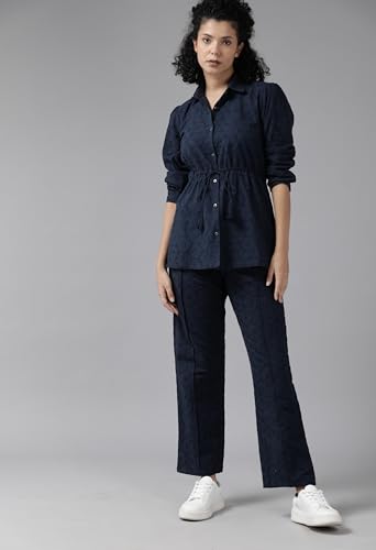 Image of ALL YOURS Women's Navy Blue Schiffli Cotton Co-Ords Set| Ethnic Co Ord Set| Kurta Set for Women| Casual Kurti Set| CoOrd Kurta Set for Women| Women Two-Piece Outfits| Outdoor Wear