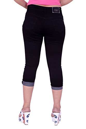 Image of FCK-3 Stretchable Denim Solid Mid Waist Knee Length Button Closure 5 Pocket Capree for Women