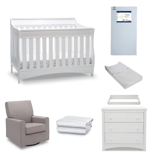 Serta Barrett 7-Piece Nursery Furniture Set - Convertible Crib, Dresser, Changing Top, Changing Pad, Crib Mattress, Glider, Crib Sheets - Bianca White