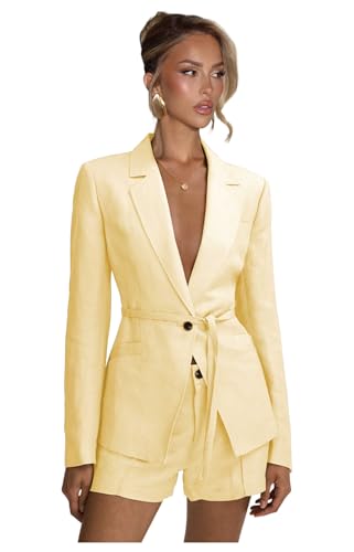 Hoawsyu Linen Women Blazer Shorts Set Yellow 2 Piece Notch Lapel Fashion Womens Suit with Belt...
