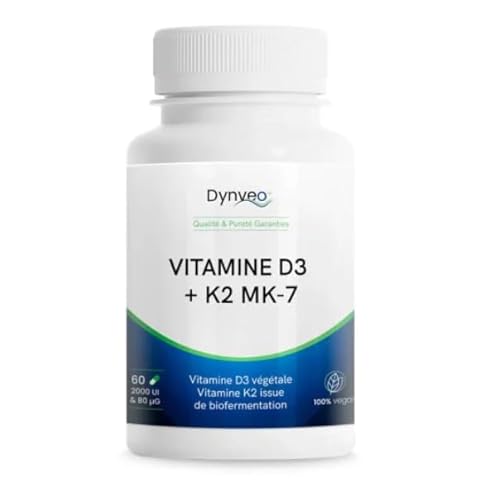 Vitamine D3 K2 - Ossature & Immunité - Dosage optimal 2000 UI D3 + 80 µg K2 - Vitamine D3 naturelle & K2 MK7 “trans” bioactive - Sans Additifs - Gélules Végétales - 60 gélules (2 mois) - Dynveo