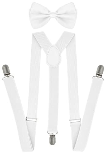 trilece White Suspenders for Men with Bow Tie - Adjustable Size Elastic 1 inch Wide Y Shape - Womens Suspenders with Bowtie - Strong Clips (White, 1)