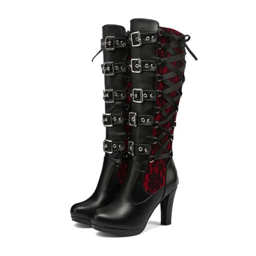 Rock88 Mujer Botas de Tacón Alto,Tacones Altos Gruesos con Cordones y Punta Redonda,Botas Altas para Fiesta de Graduación y Ocasiones Elegantes,Red,37