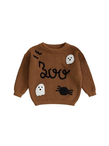 Image of Baby Boy Girl Halloween Sweater Letter Embroidery Knitted Tops Crew Neck Long Sleeve Chunky Jumper Knitwear (I-Brown, 4-5 Years)