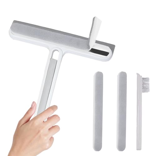 Squeegee 4-in-1 Window Cleaning Tool, Replaceable Foam-Friendly Brush Strip - Hanging & Water-Rinsable for Shower Glass, Glass Doors, Windows, Kitchen Stove, Car | Window Cleaning kit