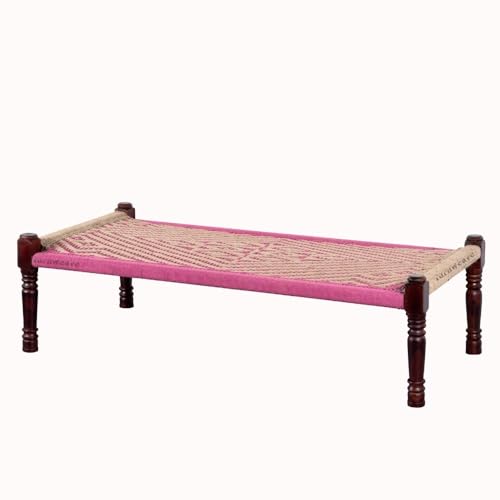Image of Solid Sheesham Wood Charpai Khat | Handcrafted Daybed Khatiya Charpai with Cotton Rope | Traditional Khat Bed Wooden Diwan Cot for Living Room | 6X3 Feet | Beige and Pink