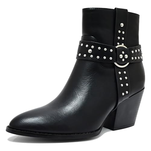 Chunky Stacked Heel Ankle Boots for Women Pointed Toe Chelsea Combat Boots Mid Calf Side Zipper Silver Studded Strap Heeled Booties Fall Dress Shoes