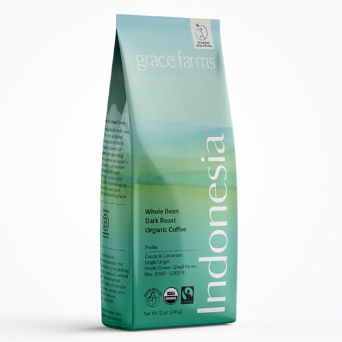 Grace Farms, Organic Whole Bean Coffee, Single Origin Indonesia Dark Roast, 12oz Bag, 1 Count | Notes of Dark Chocolate & Cinnamon | Gives Back 100% of Profits