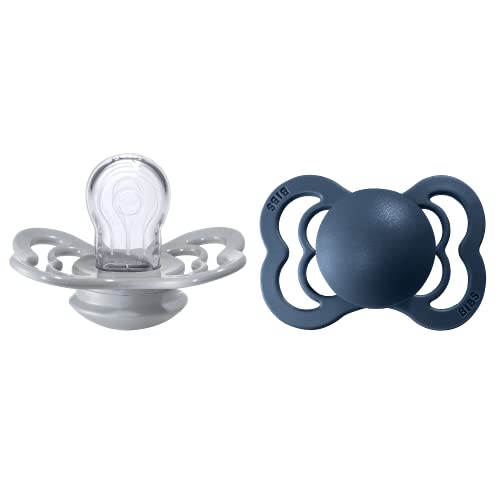 Image of BIBS Supreme Baby Pacifier 2-Pack | Made in Denmark | BPA Free Dummy Soother, Symmetrical Nipple. Silicone, Size 1 (0-6 Months), Cloud/Steel Blue