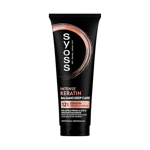 Syoss Balsamo Deep Care Intense Keratin 250ml, 12% Keratin-Strong-Complex, Syoss Balsamo per capelli fragili e che si spezzano facilmente, capelli fino a 5 volte più forti fino allo strato più interno