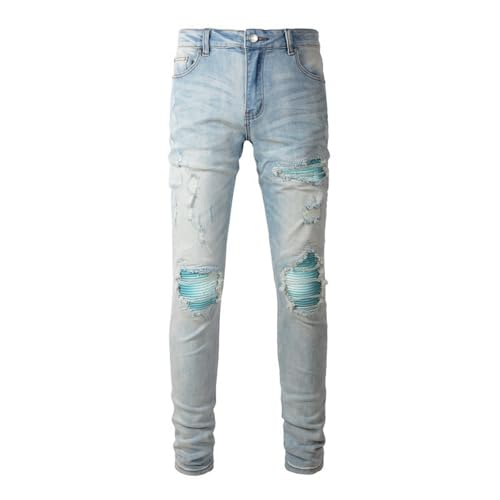 Jeans Pants Trousers Denim Light Blue Ripped Distressed Hole Stretch Slim Fit Trendy Street Casual Small Straight Leg for Men(Light Blue,29)2