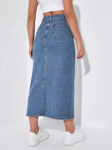 Image of GRECIILOOKS Women's High Waist Denim Skirt with Front Slit - Long Maxi Jean Skirt Casual Fashion - Stylish Denim Skirts for Women
