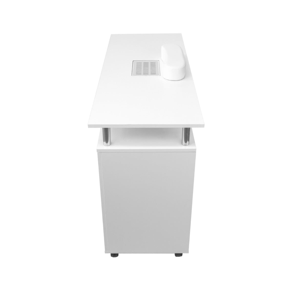 Tavolo Professionale per Manicure in MDF 120x45cm 3 Cassetti Collettore Polvere 6W Cuscino Ergonomico 8 Rotelle Frenanti