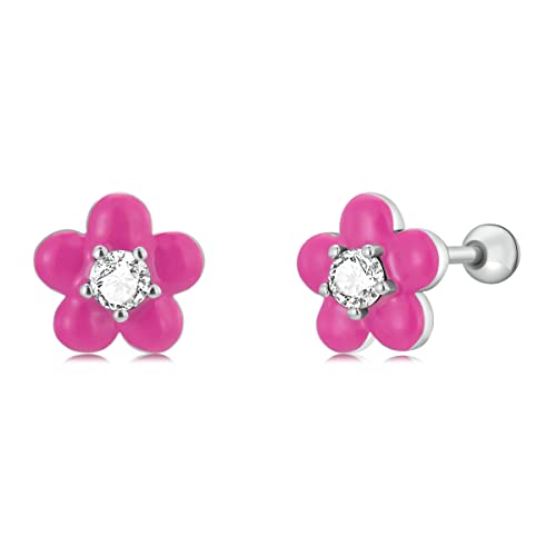 Boucles d'oreilles fleurs roses en argent 925 anti-allergie avec clous en CZ pour peaux sensibles