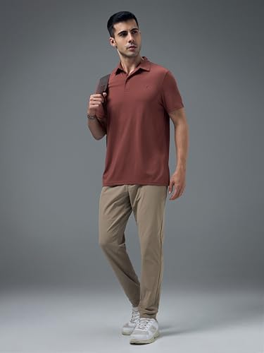 Image of TECHNOSPORT Men's Solid Slim Fit Polo Collar T-Shirt COTFLEX Half Sleeve Button Polyester for Gym Running Workout UPF50+ Anti Odour