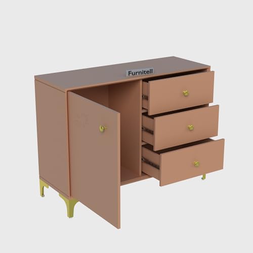 Image of Wooden Sideboard Cabinet for Living Room | Side Board Crockery Cabinet with 1 Door & 3 Drawers Storage for Dining, Drawing and Home Office | HDMR Premium Wood & Iron, Taupe