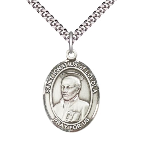 Saint Ignatius of Loyola Medal Necklace– Men's Sterling Silver Pendant on 24” Light Chain and Gift Box – Catholic Patron Saint of Soldiers, Catholic Religious Necklace - Made in USA