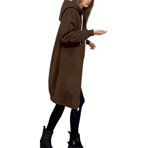 GOSEAGOTOFUN Womens Fleece Jacket Long Zip Up Hoodie Oversized Casual Long Sleeve Sweatshirts Fall Winter Fashion Warm Coat 01-Brown Medium - image 2