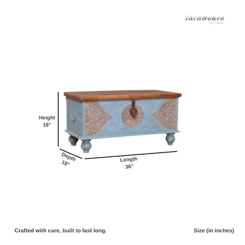 Image of Devin Wooden Trunk Box for Storage | Solid Wood Coffee Table for Living Room | Center Coffee Table with Storage | Front Wooden Carved Sandook Pitara for Home Decor & Bedroom (Blue Distress)