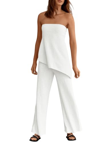 Tankaneo Womens 2 Piece Outfits Asymmetrical Tube Top Wide Leg Pants Knit Vacation Travel 2026 Matching Lounge Sets