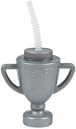 Fun Express Race Car Trophy Cups with Straws - Set of 12, Each Holds 14 oz - Car Birthday Party Favors and Supplies