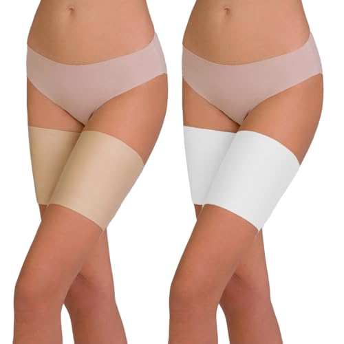 2 pares de bandas elásticas unisex para muslos, de silicona, antirozaduras y antideslizantes, de 58 a 65 cm, color carne y blanco.