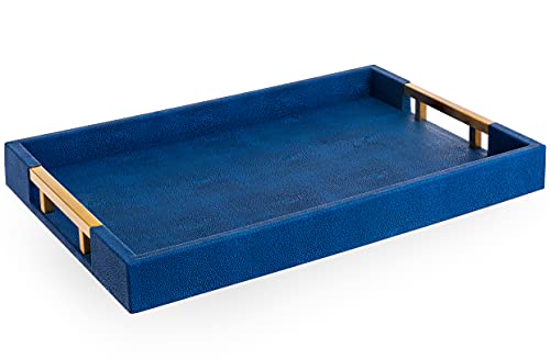 Home Redefined Beautiful Modern Elegant 18"x12" Navy/Gold Brass Rectangle Shagreen Decorative Ottoman Coffee Table Perfume Living Room Kitchen Serving Tray with Metal Handles for All Occasion's
