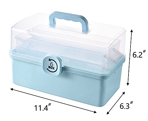 Sooyee Craft Organizers And Storage,Plastic Box With 3-Tier Fold Tray,Art Supply Storage Organizer Box,Sewing Box,Portable Lockable Container For Cosmetic, Toy, Washi Tape, Lego,Clear/Blue #TOP6