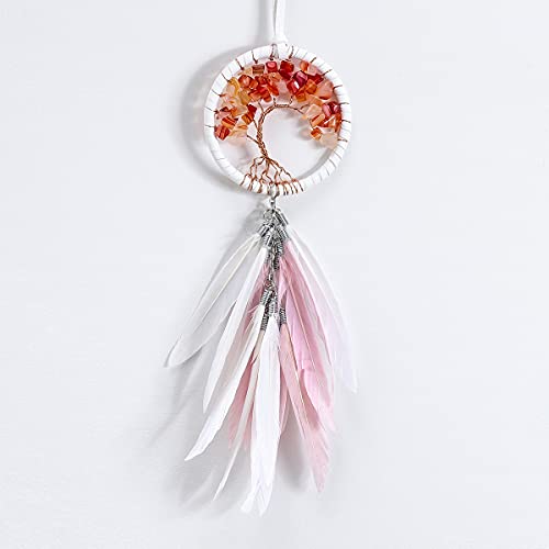 YRY Car Dream Catcher, Handmade Adorable Car Interior Rearview Mirror Handbag Hanging Decor Handmade Grids Nature Feather Small Bohemia Style Car Pendant Accessory (Red Life Tree)