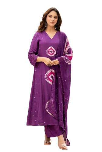 Image of Nermosa Women Viscose Kurta Pant Dupatta Set | Summer Friendly Ethnic Suit Set for Women | V-Neck Printed Kurti with Matching Pants & Dupatta | Casual & Office Wear
