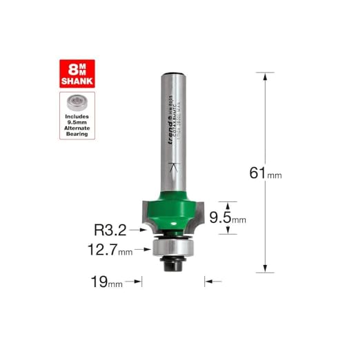 TREND CraftPro Kugelgelagerter Abrundfräser, 8 mm Schaft, 3.2 mm Radius, 9.5 mm Schnittlänge, Hartmetallbestückt, C074X8MMTC
