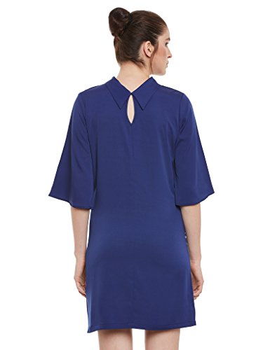 Image of Miss Chase Women's Navy Blue Plain Solid Round Neck 3 /4 Sleeve Collared Shift Dress