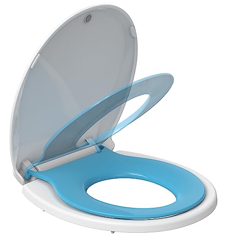 Toilet Seat, Round Toilet Seat with Toddler Seat Built in, Potty Training Toilet Seat Round Fits Both Adult and Child, with Slow Close and Magnets- white and blue