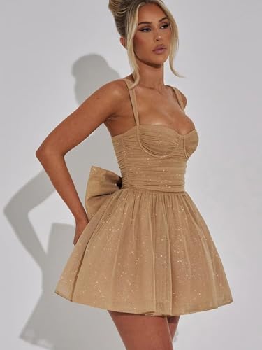 Xijun Teens Glitter Homecoming Dresses with Bow Short Mini HOCO Dress Corset Spaghetti Strap Cocktail Party Gown3