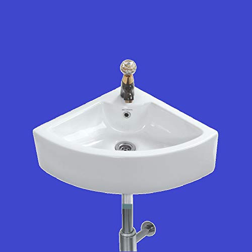 Image of Corner Wash Basin Counter Top cum Wall Hung Mounted Glossy Finish White Sink for Bathroom 16 x 16 x 6 Inch
