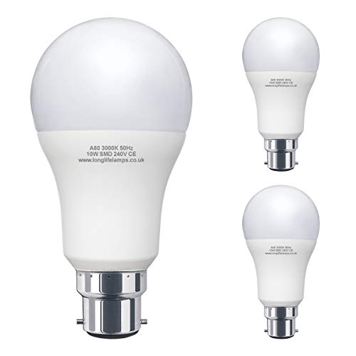 Long Life Lamp Company  Juego de 3 bombillas LED, casquillo de bayoneta, B22, 10 W