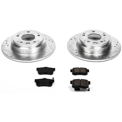 Image of PowerStop Rear Brake Kit for Acura Legend 1991-95 - Drilled and Slotted Disc Rotors with Carbon-Fiber Ceramic Brake Pads Replacement, K3153