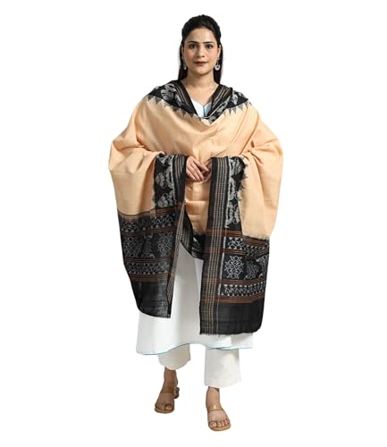 Image of Cotton Dupatta with weaving and Ikat woven border from the Weavers Stole for Girls & Women