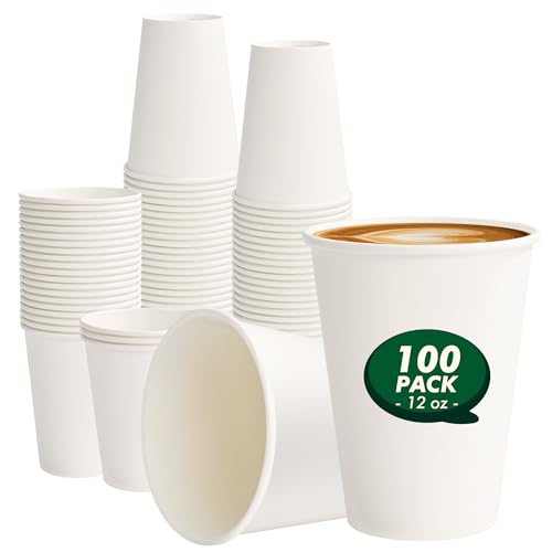CELLURA Paper Coffee Cups 12 oz 100 Pack Disposable Hot Coffee Cup 12oz White To Go Cups for Hot Drinks Coffee Travel Parties Events