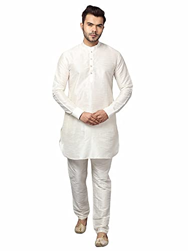Image of Uri and MacKenzie Men's Silk Blend Solid Pathani Kurta with Readymade Pajama Pant Set