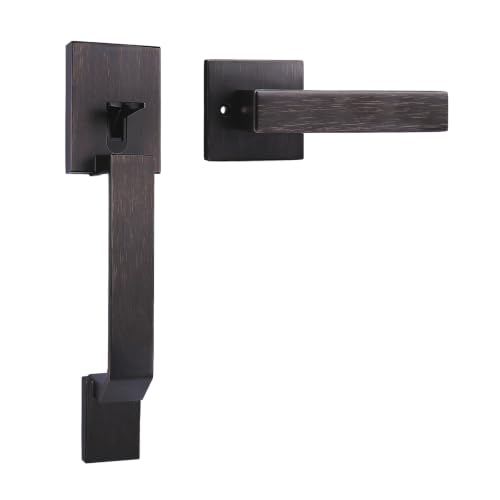 Probrico Front Door Handle,Oil Rubbed Bronze,Modern Entry Door Handle with Reversible Lever,Exterior Square Passage Door Handle Without Locking No Key
