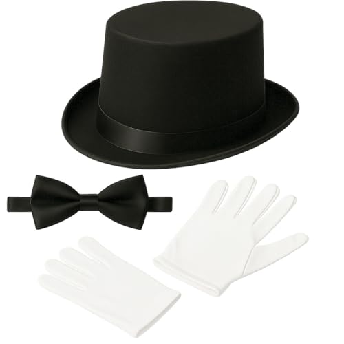 KarnevalsTeufel Kostüm Zubehör Set für Herren Zylinderhut weiße Handschuhe Fliege für Show & Theater Magier Butler Gentleman Schornsteinfeger (Hut Gr. 60 cm)
