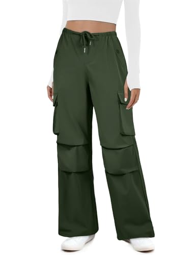 Womens Cargo Pants Elastic Waist Wide Leg Parachute Pants with 4 Pockets Baggy Hiking Trousers Travel Y2K Waterproof2