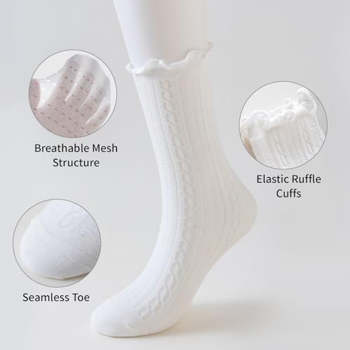 Heran 6 Pairs Lace Mesh Ankle Socks for Women, Sheer Ruffle Dress Frilly Crew Socks, Breathable Casual Cotton Stockings for Mary Jane Loafers Shoes, Cute Stockings for Girls Lady Woman(Black & White)2