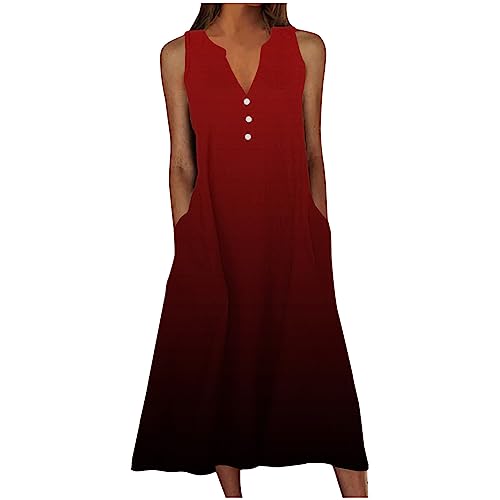 Amazon outlets Store Women's Plus Size Summer Floral Print Casual Dress Vintage Sleeveless Neck V-Neck Long Tank Dress with Pockets Womens Summer Dresses Red 2X