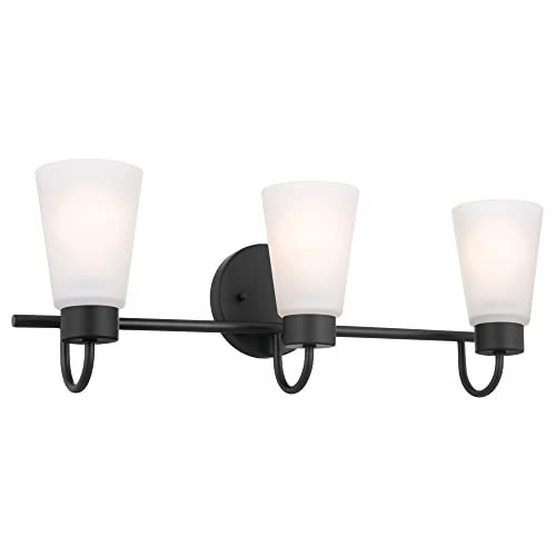 Image of Kichler Erma 3-Light Bathroom Vanity Light Fixture with Satin Etched Glass Shades, Modern Traditional Wall Mount Lighting in Black for over Mirror (23 x 8.5 x 6 in), 45887BK