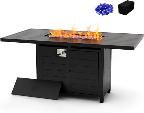 PIZZELLO 62in Outdoor Propane Gas Fire Pit Table, 50,000 BTU Auto-Ignition Gas Firepits with Waterproof Cover, Upgraded Aluminum Fire Pit with Glass Beads, CSA Certification