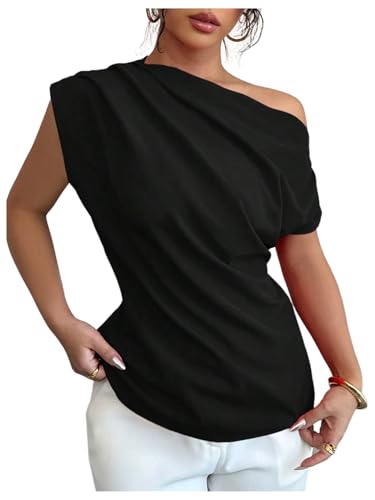 SOLY HUX Women's Blouse Ruched Off The Shoulder Short Sleeve Asymmetric Neck Summer Tops