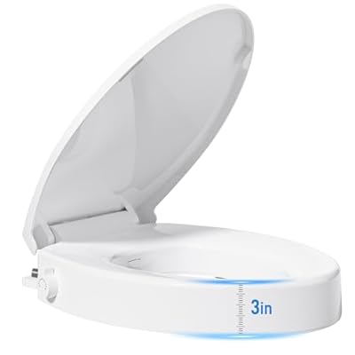BIGCOW Raised Toilet Seat with Bidet - Elongated, Soft Close, 3" Height - Dual Nozzle (Frontal & Rear Wash) with Adjustable Cold Water Pressure and Stainless Steel Inlet (Elongated)